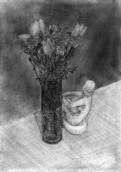 آرتچارت | گل لاله و گل داوودی و مجسمه نشسته از کسری گلرنگ