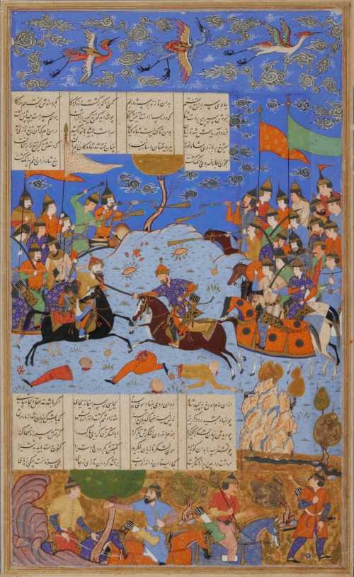 ArtChart | An illustrated and illuminated leaf from a manuscript of Firdausi's Shahnameh: Zahhak wounds Jamshid in battle, Persia, Shiraz, Safavid, mid-16th century by Unknown Artist