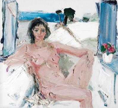 ArtChart | Untitled (Reclining nude with blue curtains) by Manouchehr Yektai