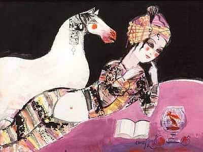 ArtChart | Girl reading with bowl of fishes by Nasser Ovissi